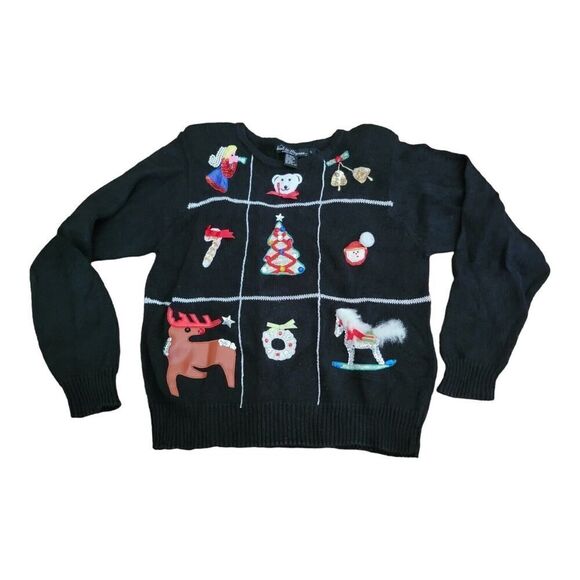 Vintage Ugly Christmas Sweater Reindeer Angels Bells Black SZ L - Picture 1 of 5